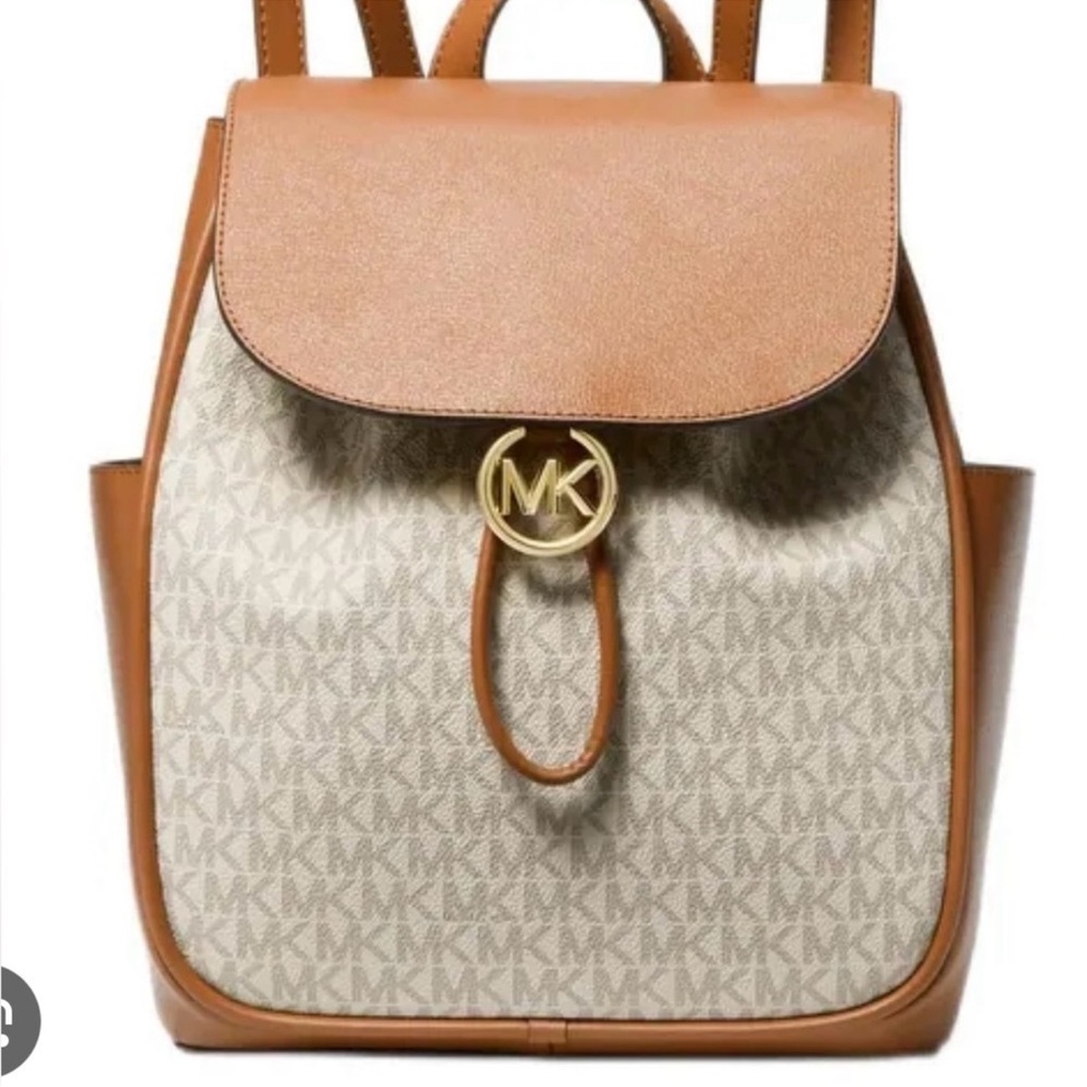 Michael Kors Brown and Cream MK Logo Backpack
